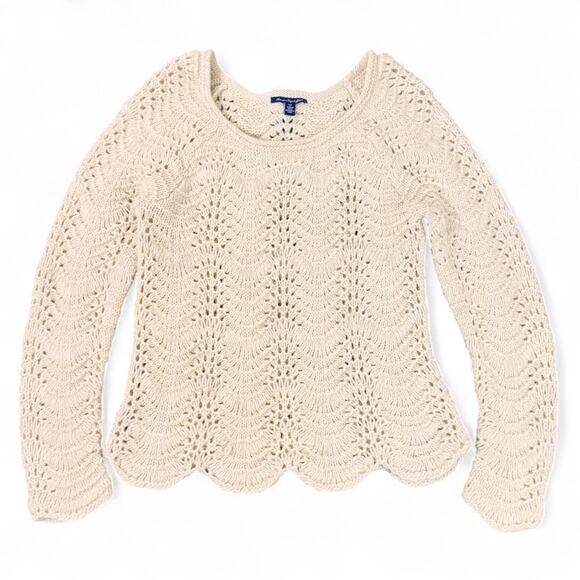 American Eagle 2012 Open Crochet Sweater S Y2K Boho Cottage Wool Scalloped Cream - Picture 1 of 9